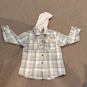 Women's Beige Plaid Button Down Shacket with Removable Hood